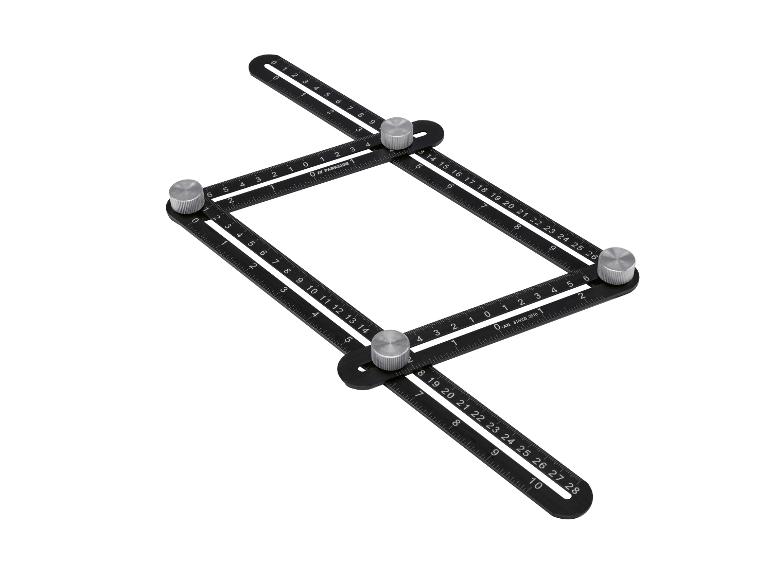 Outil de mesure d'angle noir avec quatre bras articulés et des boutons argentés.