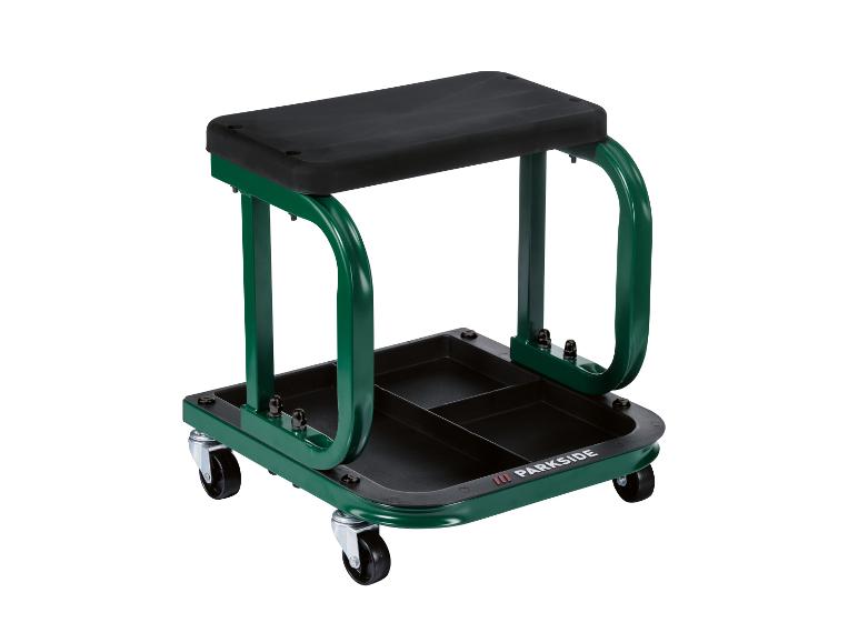 Tabouret d'atelier roulant vert Parkside avec siège noir et compartiments de rangement.