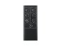 Télécommande noire avec boutons d'alimentation, lumière, minuterie, ventilateur et mode.