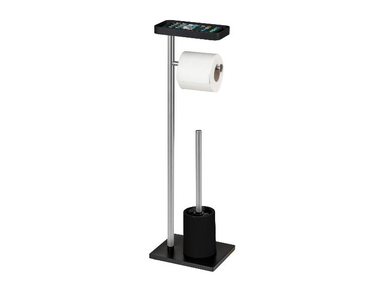 Porte-papier toilette et porte-balai avec tablette pour téléphone.