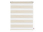 Store enrouleur beige avec des rayures et un mécanisme à chaîne.