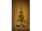 Un sapin de Noël artificiel pré-éclairé avec des cadeaux emballés en papier doré et sarcelle à sa base.