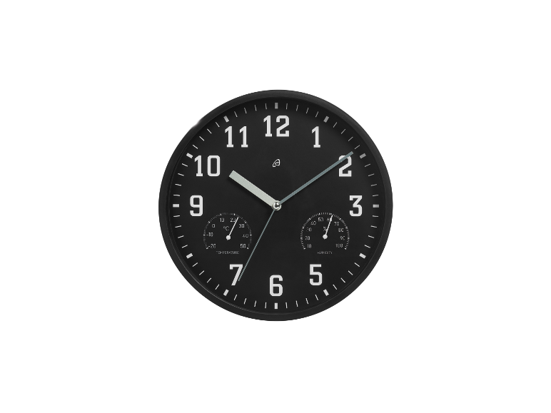 Horloge murale noire avec thermomètre et hygromètre intégrés.