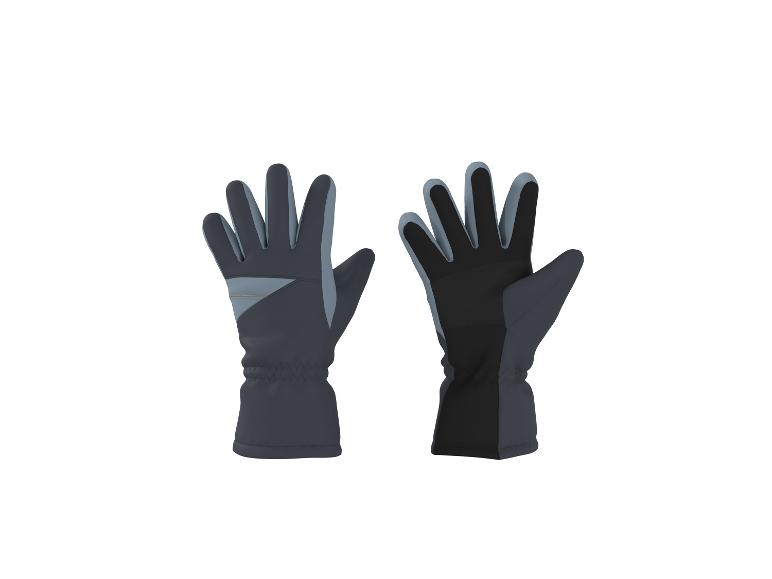 Une paire de gants de sport gris et noirs, avec un gant montré de face et un de dos.