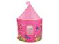 Tente de jeu rose pour enfants en forme de château avec motifs papillons et fleurs.