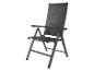 Une chaise de jardin pliante grise avec accoudoirs.