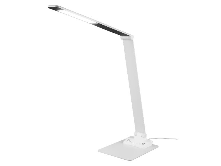 Lampe de bureau LED blanche avec bras réglable et commandes tactiles sur la base.