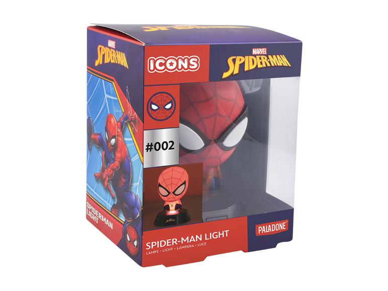 Lampe Spider-Man dans une boîte avec des graphiques de personnage et le numéro #002.