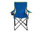 Chaise pliante bleue avec porte-gobelet, idéale pour le camping.