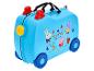 Valise trotteur bleue pour enfants avec personnages de dessins animés et texte 'Cool Adventures'