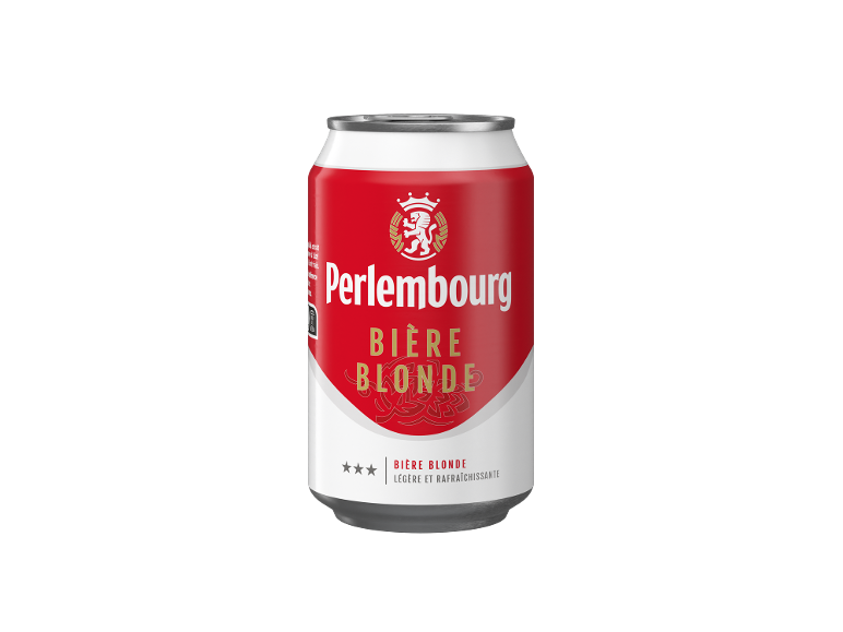 Canette rouge et blanche de bière blonde avec l'inscription «BIÈRE BLONDE LÉGÈRE ET RAFRAÎCHISSANTE».