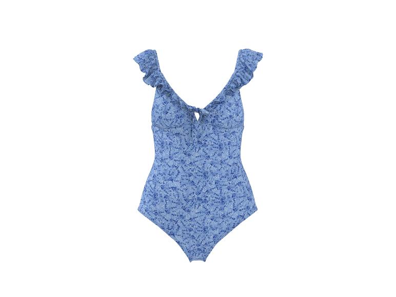 Maillot de bain une pièce bleu à motif floral et volants sur les bretelles.