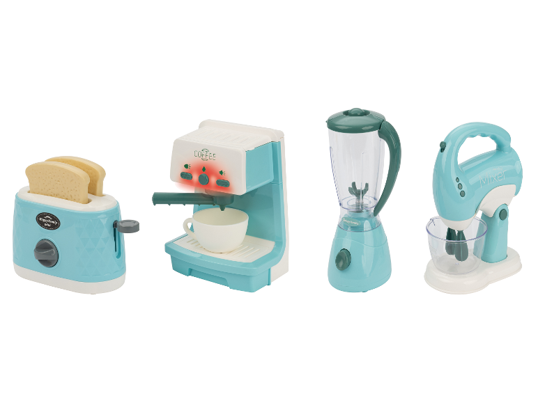 Ensemble d'appareils de cuisine LUPILU® : grille-pain, cafetière, mixeur et batteur à main turquoise et blanc.