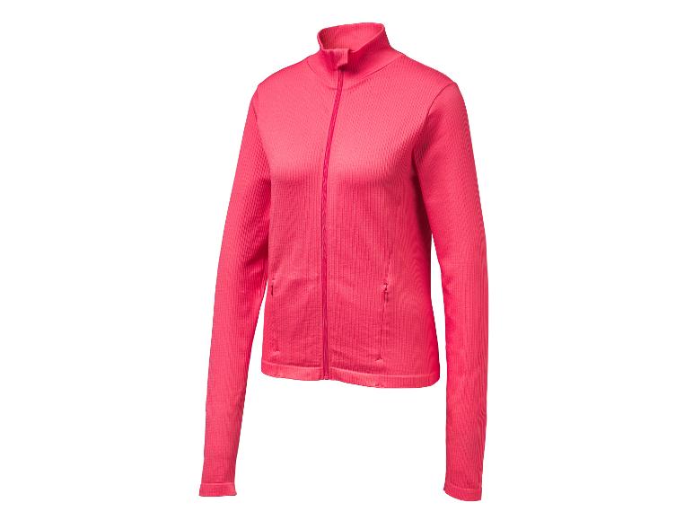 Veste de sport rose pour femme avec fermeture éclair intégrale et texture côtelée.
