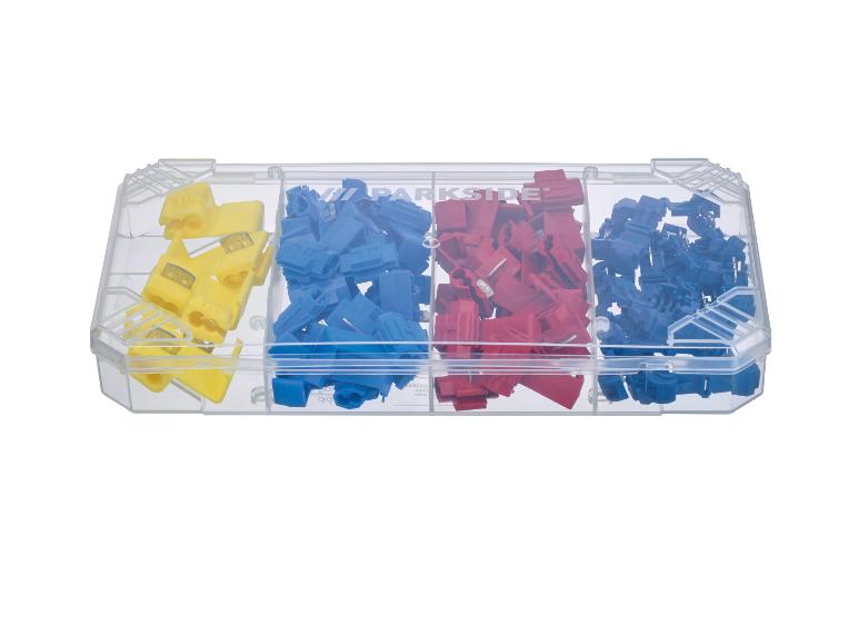 Connecteurs Parkside : bleus, rouges et jaunes dans un boîtier transparent.