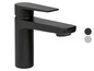 Un robinet de lavabo noir avec un levier unique.