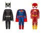 Trois costumes de super-héros : Batman, Superman et Flash, chacun avec masque et combinaison.