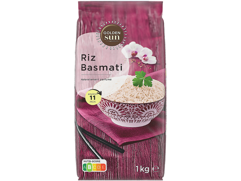 Paquet de riz Basmati avec Nutri-Score A, un bol de riz et des orchidées.