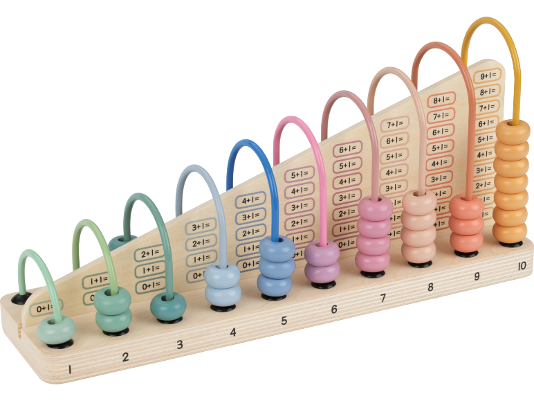 Boulier en bois avec perles colorées et problèmes d'addition de 0+1 à 9+1.