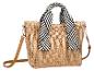 Sac en paille avec poignées rayées noires et blanches et bandoulière marron.