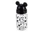 Une bouteille d'eau transparente avec un motif Mickey Mouse.