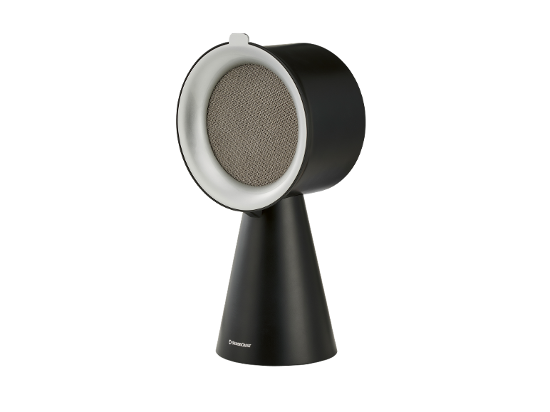 Ventilateur de table noir avec intérieur blanc et grille grise.