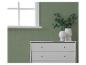 Commode blanche avec vases décoratifs et feuilles vertes devant un mur vert avec une fenêtre.