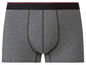 Boxers grises avec un élastique noir et rouge.