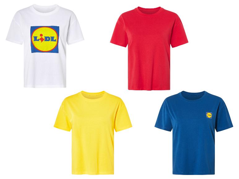 T-shirts Lidl : blanc avec logo, rouge, jaune et bleu.