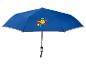 Parapluie bleu avec des formes géométriques colorées et le logo du magasin au centre.