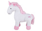 Une licorne en peluche blanche avec une crinière et une queue roses.