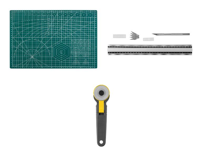 Matériel de coupe: tapis de découpe, règle, cutter rotatif et lames.