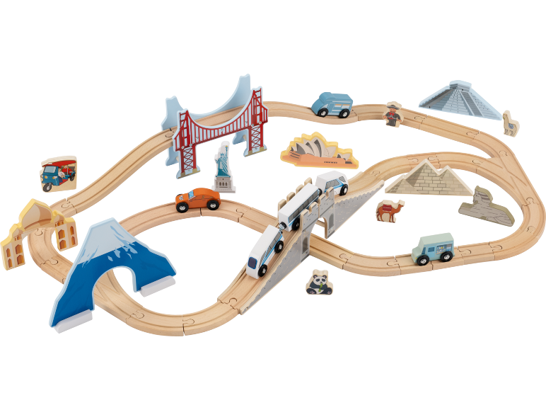 Ensemble de train en bois avec rails, véhicules et monuments emblématiques du monde.