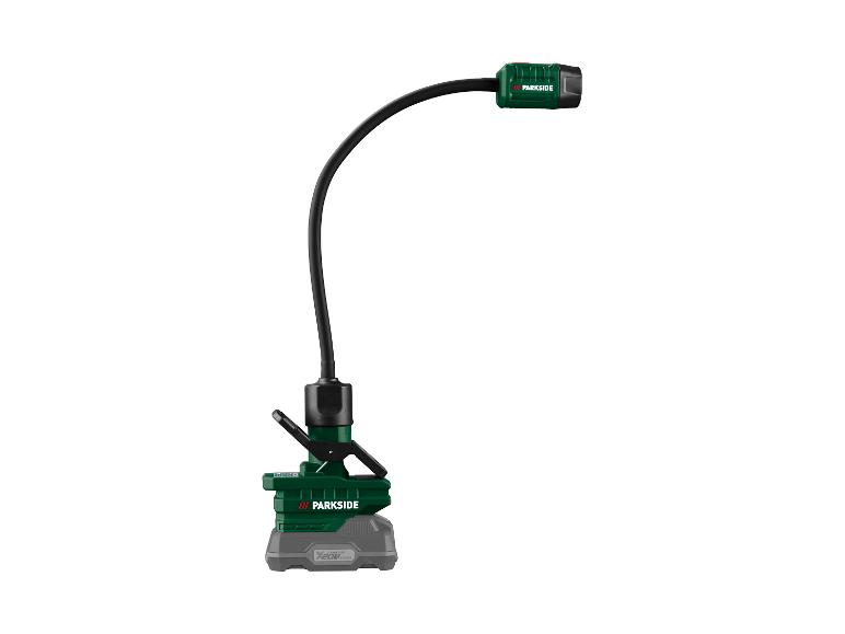 Lampe de travail à LED sans fil avec col de cygne flexible et pince, alimentée par batterie.