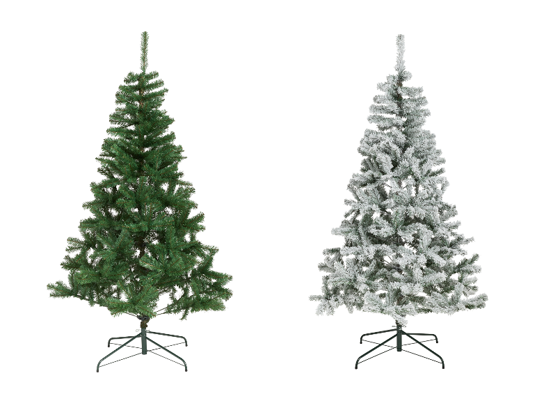 Deux sapins de Noël artificiels, un vert et un floqué de neige, sur fond blanc.