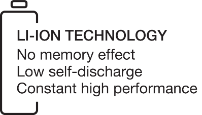 Technologie Li-Ion : pas d'effet mémoire, faible autodécharge, performances élevées constantes.
