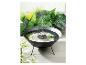 Une fontaine noire avec un jet d'eau entourée de plantes vertes.