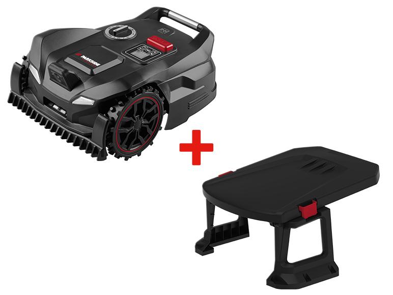 Robot tondeuse noir et station de charge noire.