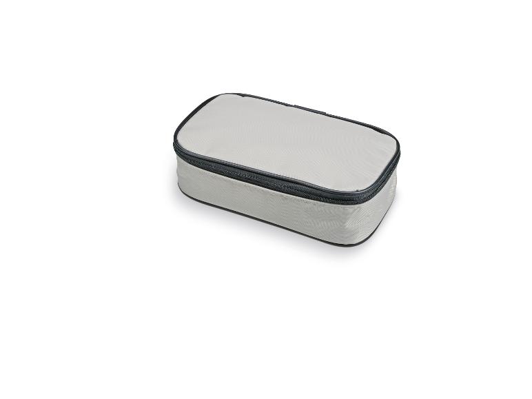 Sac isotherme rectangulaire gris avec fermeture éclair sur fond blanc.