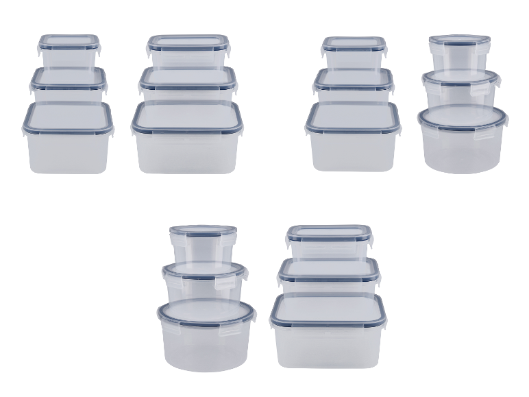 Lots de contenants alimentaires en plastique transparent de trois tailles différentes.