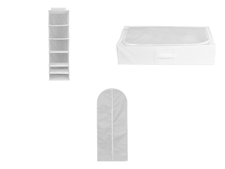 Organisateur de placard suspendu blanc, boîte de rangement sous lit et housse de vêtement.