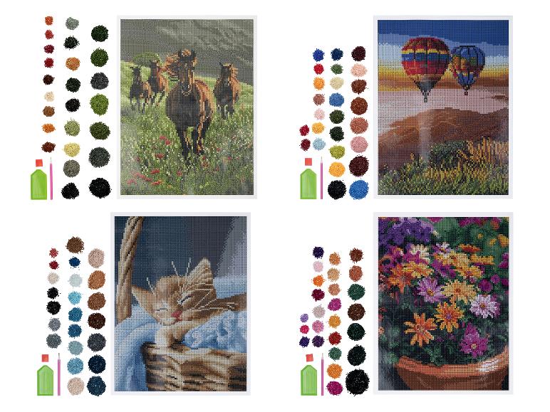 Kits de peinture au diamant : chevaux, montgolfières, chat et fleurs.