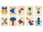 Ensemble de puzzles géométriques en bois avec différents motifs d'animaux et d'objets.