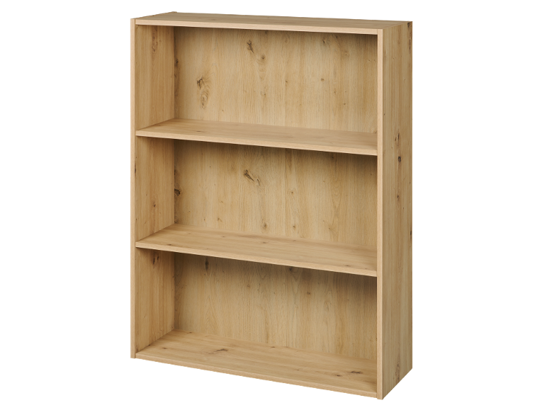 Bibliothèque en bois clair avec trois étagères.