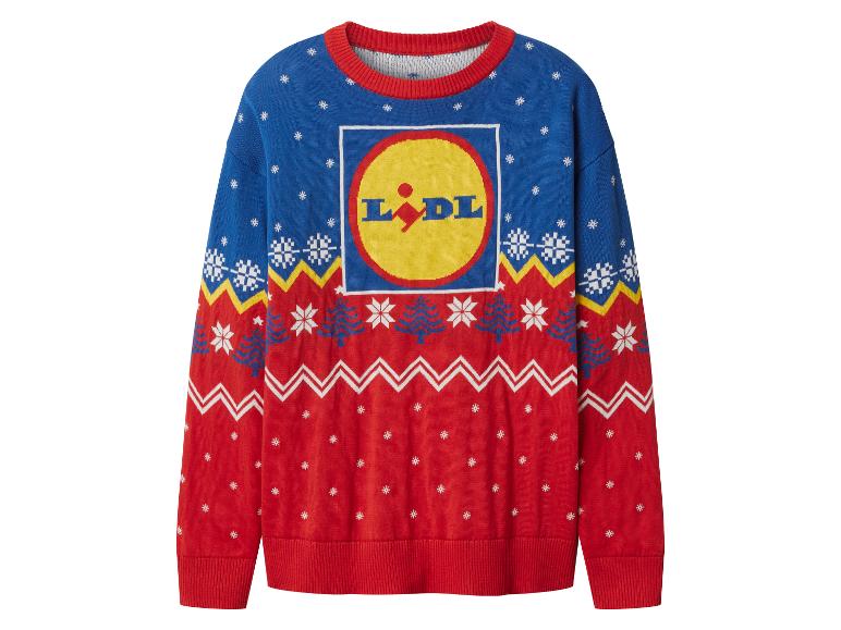Pull de Noël Lidl bleu et rouge avec flocons de neige et logo.