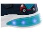 Des baskets pour enfants bleus avec un imprimé camion et des lumières LED bleues.