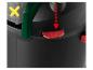 Bouton rouge avec flèche vers le bas sur un appareil noir, avec un X jaune sur une batterie grise.