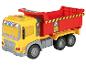 Un camion jouet jaune avec une benne rouge.