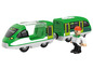 Un train vert avec un conducteur
