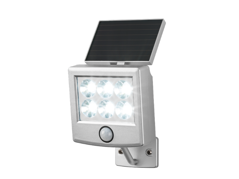 Lampe solaire LED argentée avec détecteur de mouvement, fixée au mur.